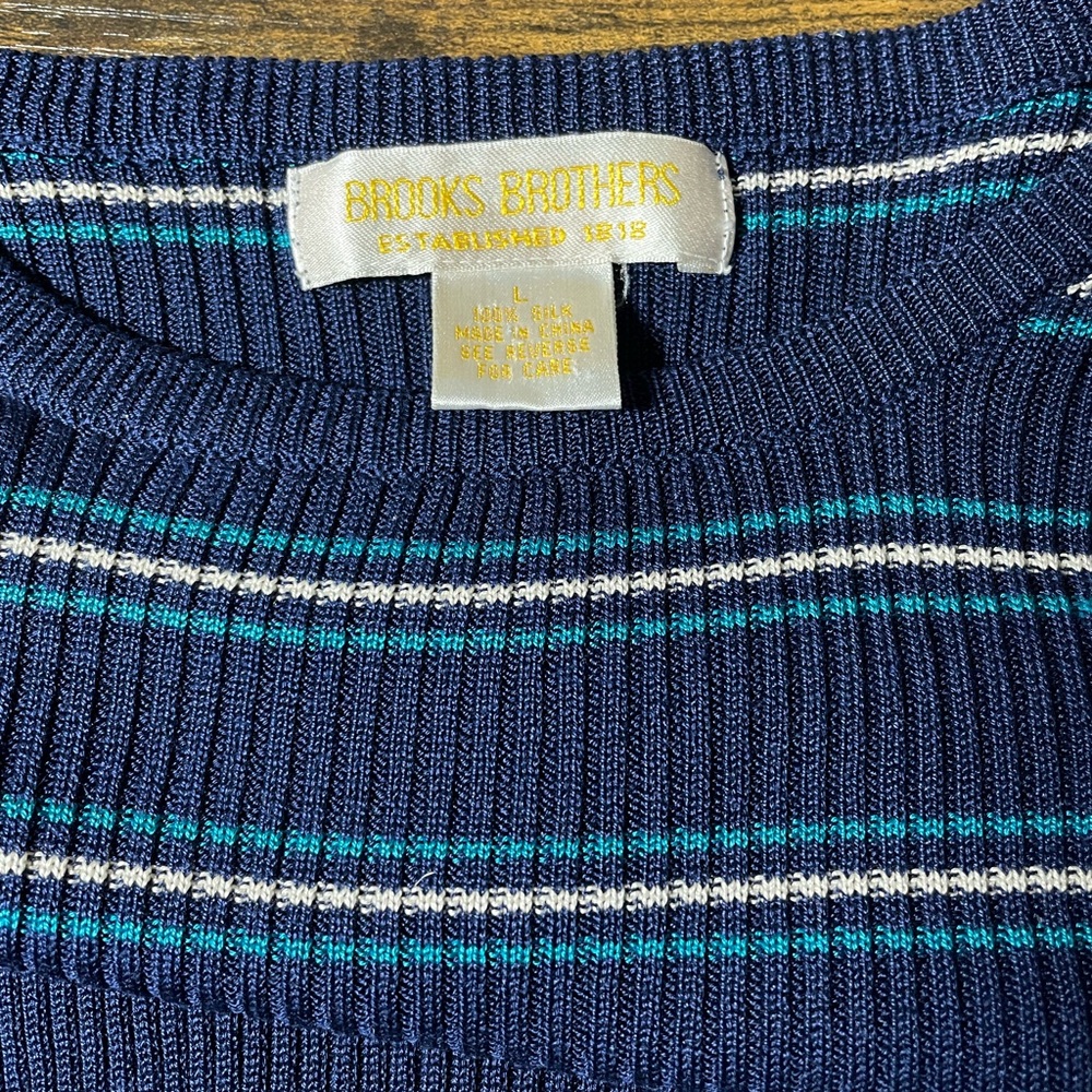 Brooks Brothers Silk Long Sleeve Navy Striped Ribbed Crewneck Sweater